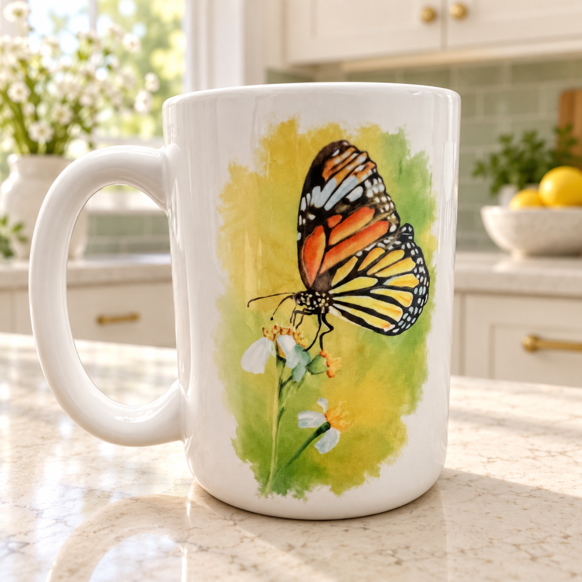 White ceramic mug with monarch butterfly watercolor painting on yellow-green background