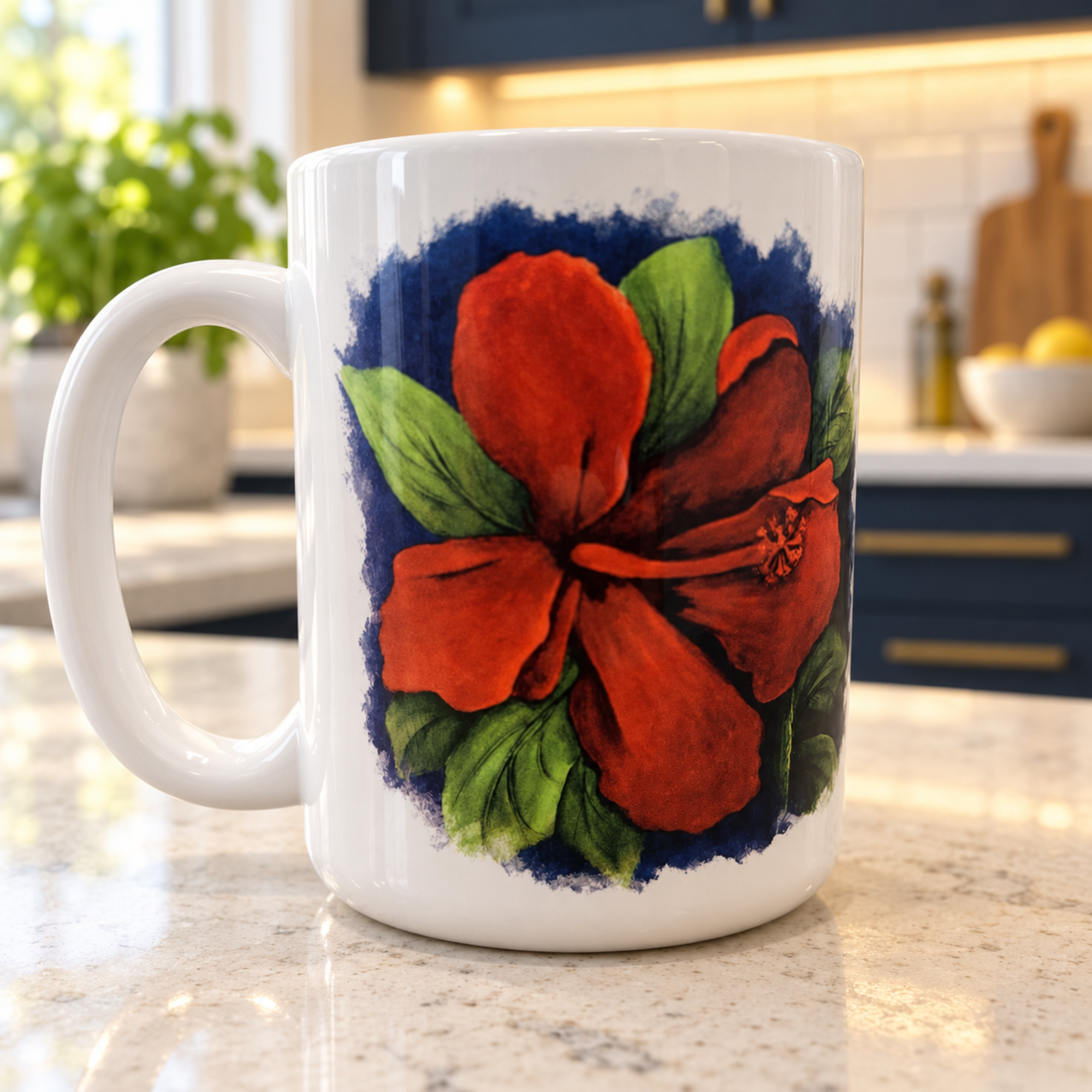 White ceramic mug with red hibiscus watercolor painting on navy background